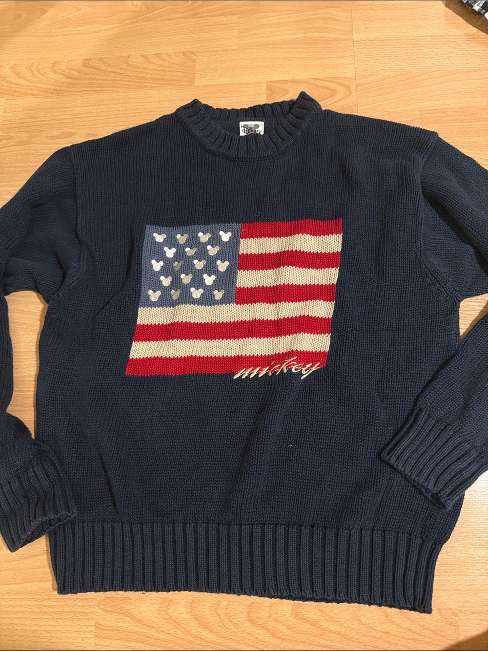 Vintage Disney Store Mickey Mouse Navy Crewneck Sweater with American Flag Motif